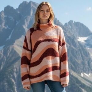 ZARA Blogger Fav Pink Burgundy Jacquard Wave Turtleneck Sweater Women's Size‎ M
